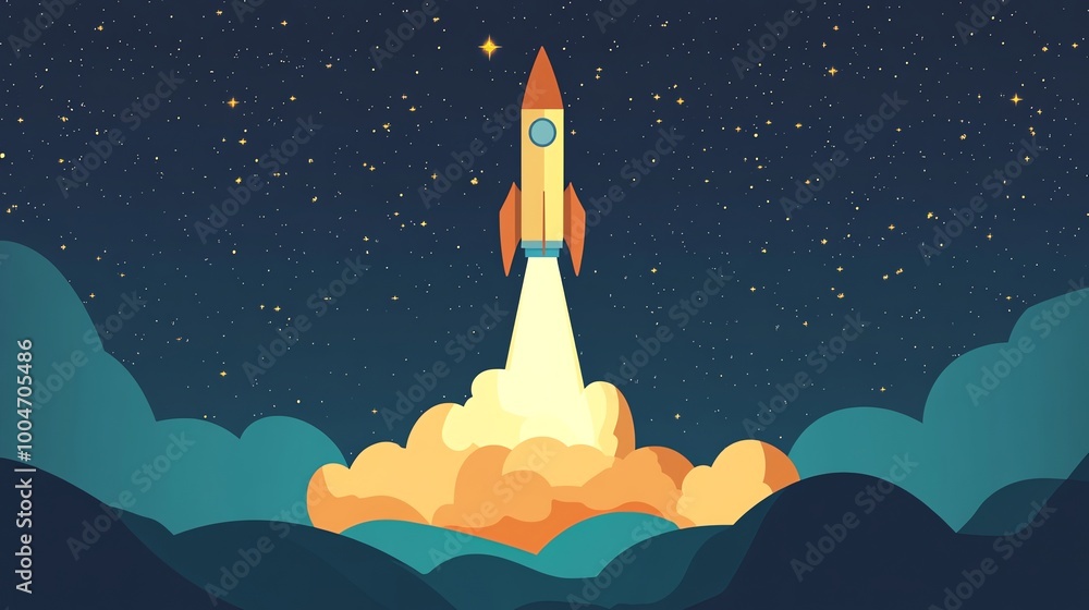 A rocket ship blasts off into a starry night sky. A rocket ship blasts off into a starry night sky.