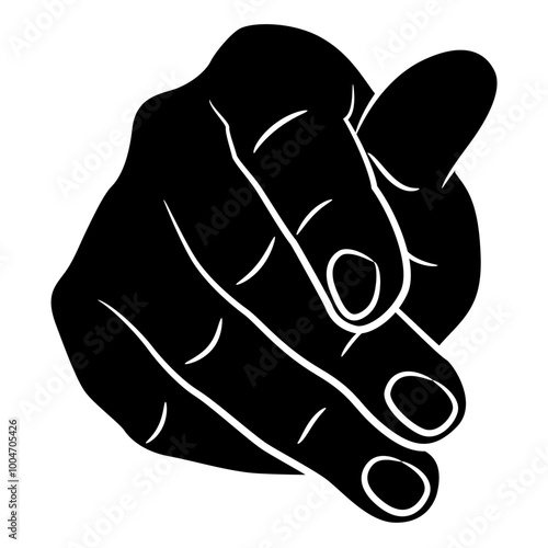 Front view of a human hand. Fingering gesture. Cartoon style. Black and white silhouette.