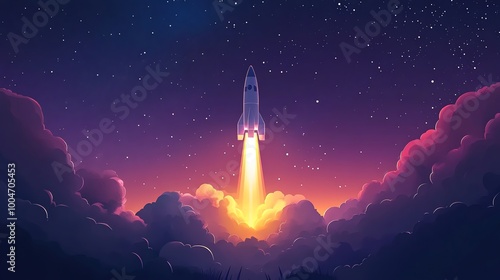A stylized illustration of a rocket launching into space at night.