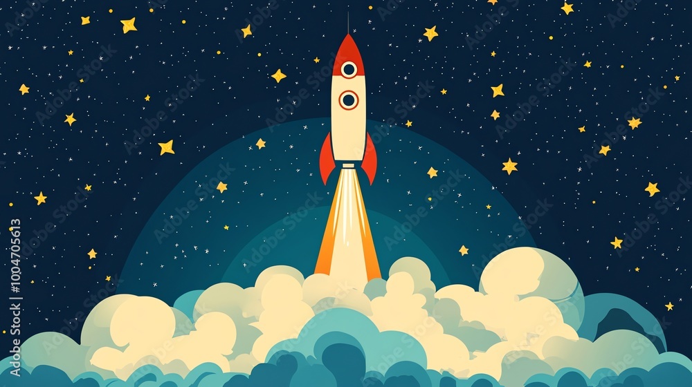 A cartoon rocket blasts off through the night sky with clouds below and stars above. A cartoon rocket blasts off through the night sky with clouds below and stars above.