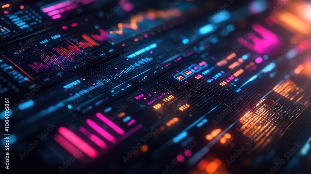 Vibrant data visualization showcases graphs and metrics, illuminating a tech workspace in a nighttime setting Vibrant data visualization showcases graphs and metrics, illuminating a tech workspace in a nighttime setting