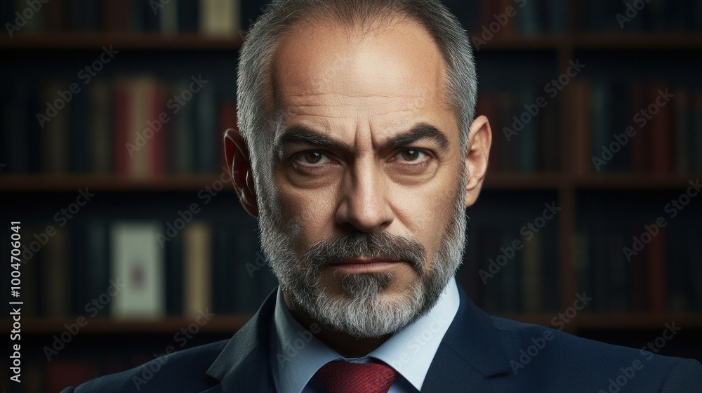 The expression of a middle-aged professional reflects determination and focus while standing in front of a wall filled with books, embodying wisdom and authority in a sophisticated setting The expression of a middle-aged professional reflects determination and focus while standing in front of a wall filled with books, embodying wisdom and authority in a sophisticated setting
