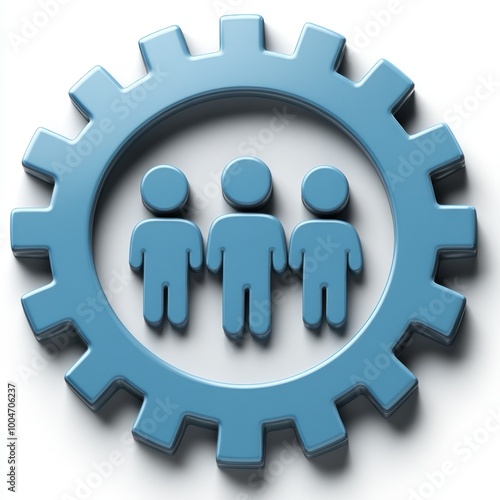 A blue gear icon showcases three figures, emphasizing collaboration and teamwork in various tasks and projects