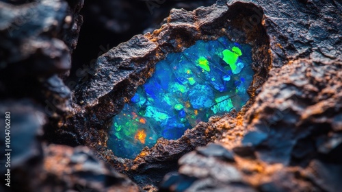 A vibrant blue boulder opal reveals its mesmerizing colors and patterns within a rugged exterior, showcasing nature's artistry in the mineral world