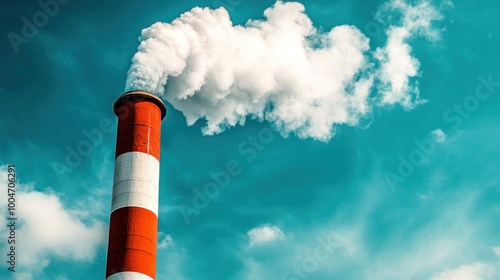 The towering chimney releases plumes of white smoke into a clear blue sky, highlighting industrial activity and its environmental effects. This visual captures air pollution and its significance