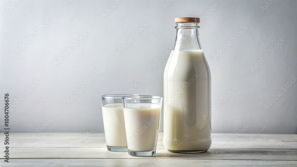 Fresh bottle of cold milk and a full glass on a clean white background, emphasizing nutrition, purity, and simplicity in a minimalist composition. Fresh bottle of cold milk and a full glass on a clean white background, emphasizing nutrition, purity, and simplicity in a minimalist composition.