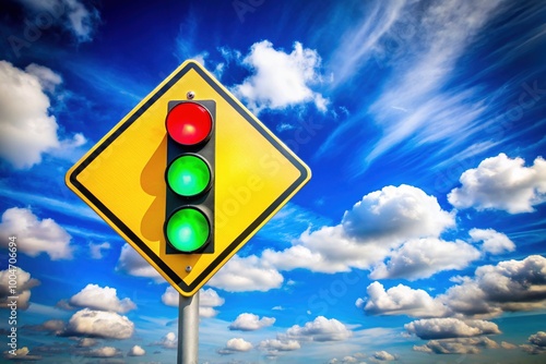 Vibrant vertical street sign featuring bright green, cautionary yellow, and bold red traffic light icons against a clear blue sky with fluffy white clouds. photo