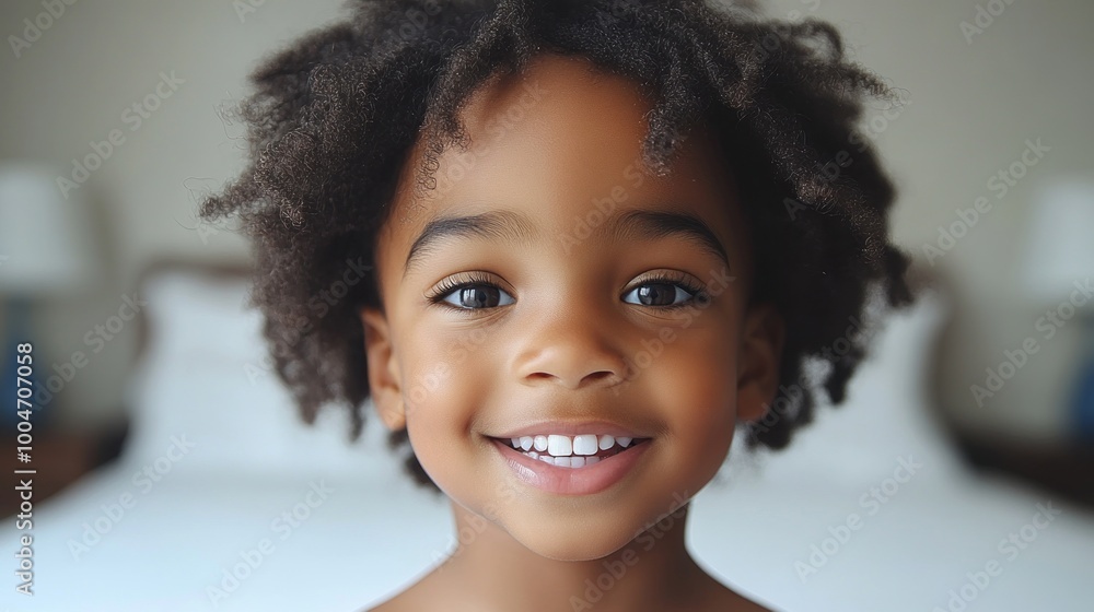 A joyful child with curly hair beams with a bright smile in a warm, inviting bedroom setting A joyful child with curly hair beams with a bright smile in a warm, inviting bedroom setting