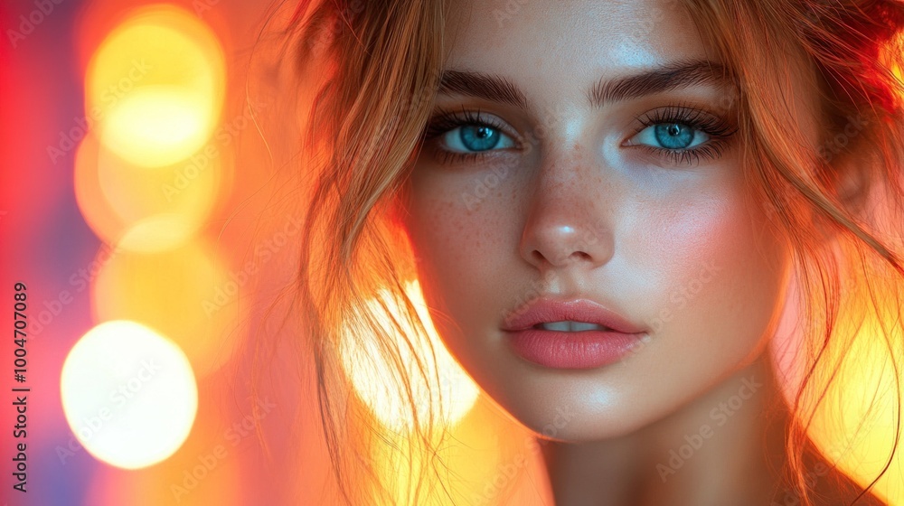 A young woman poses with a serene expression, showcasing her striking blue eyes and flawless skin against a beautifully blurred, colorful background that exudes warmth and vibrancy A young woman poses with a serene expression, showcasing her striking blue eyes and flawless skin against a beautifully blurred, colorful background that exudes warmth and vibrancy