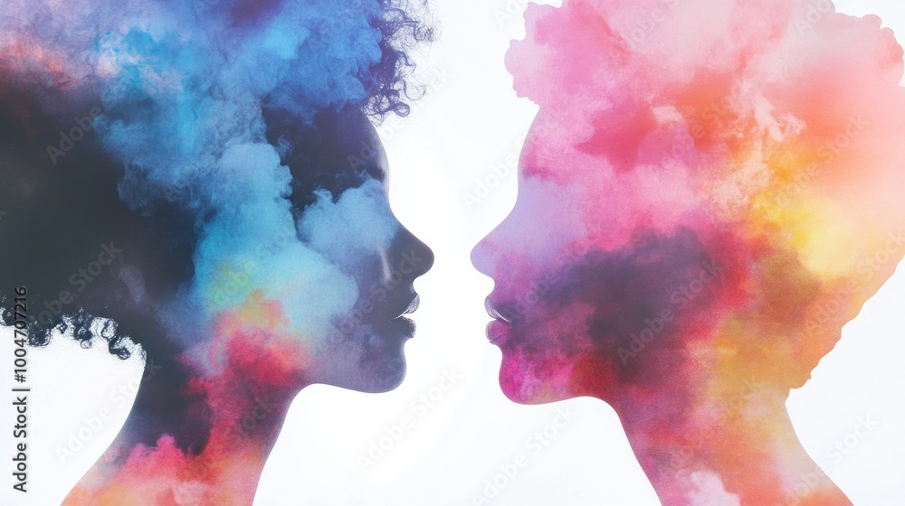 Two profiles of women face each other, their hair transformed into vibrant, swirling clouds of colors, symbolizing creativity and connection between diverse identities Two profiles of women face each other, their hair transformed into vibrant, swirling clouds of colors, symbolizing creativity and connection between diverse identities