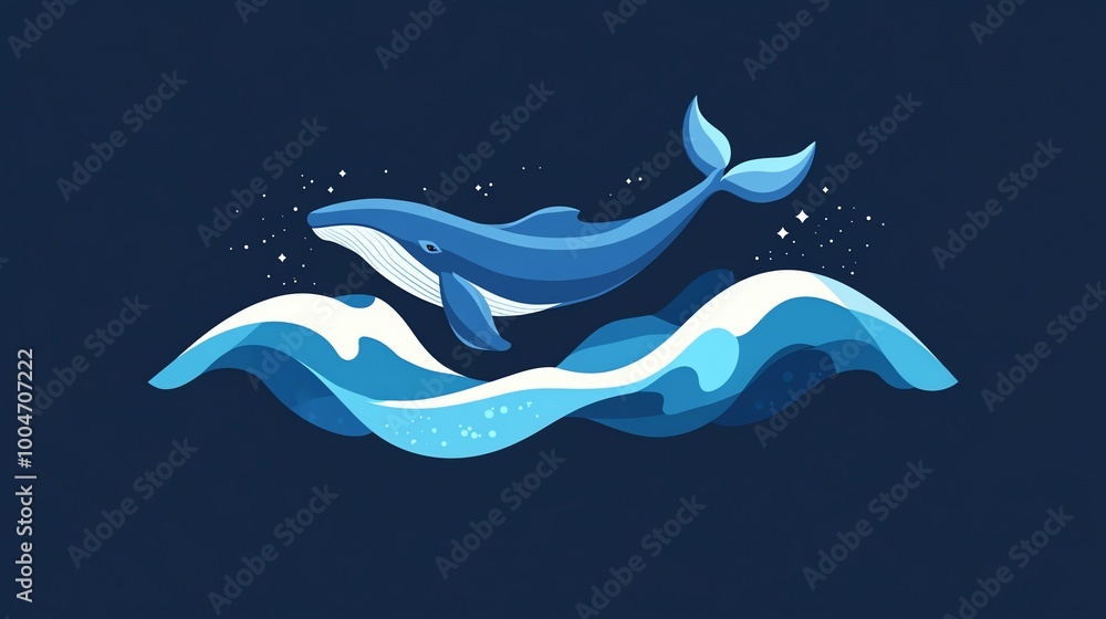A whale leaps from the ocean waves,  a minimalist illustration of nature.