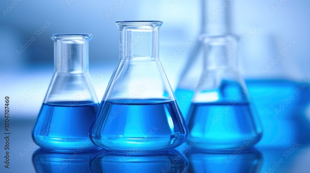 Glass beakers containing vibrant blue liquid sit on a glossy workbench in a contemporary laboratory, highlighting an experiment in progress under soft lighting Glass beakers containing vibrant blue liquid sit on a glossy workbench in a contemporary laboratory, highlighting an experiment in progress under soft lighting