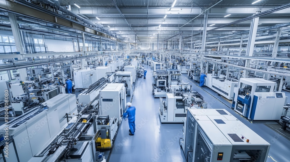 Fototapeta premium Modern manufacturing facility filled with automated machines and workers during daytime operations