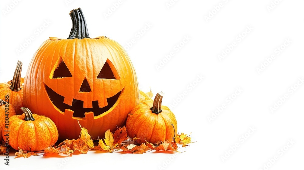 A large jack-o'-lantern with a happy face sits prominently, accompanied by smaller pumpkins and scattered autumn leaves, creating a festive atmosphere for Halloween celebrations A large jack-o'-lantern with a happy face sits prominently, accompanied by smaller pumpkins and scattered autumn leaves, creating a festive atmosphere for Halloween celebrations