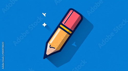 A yellow pencil with a pink eraser sits on a blue background with a long shadow.