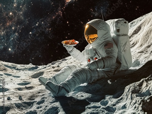 Astronaut enjoying a meal on the moon’s surface. photo