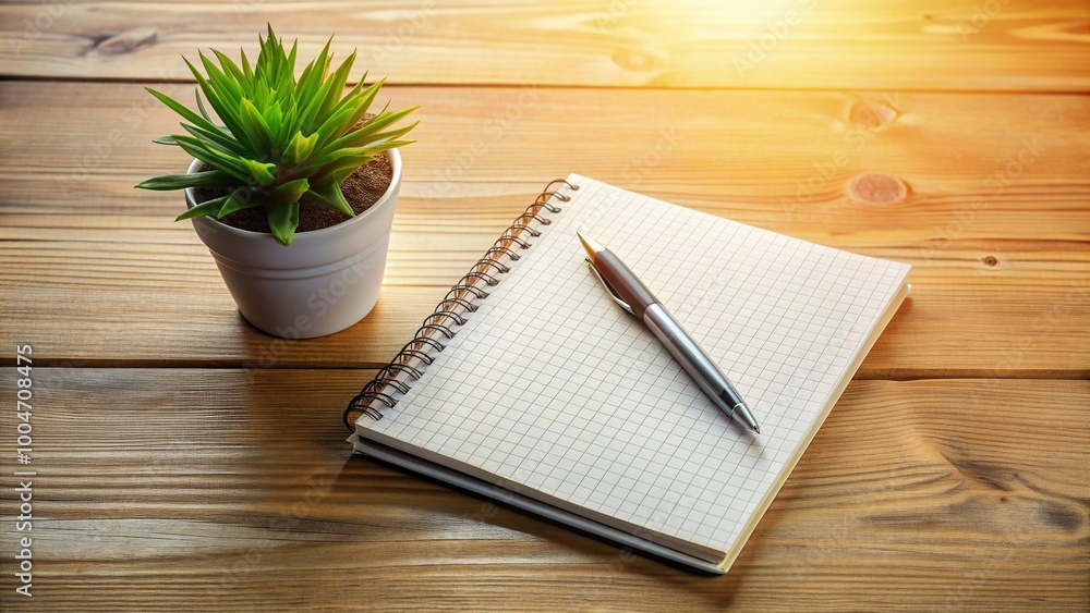 Empty notepad lies open on a tidy wooden desk, surrounded by a pair of pens, a small plant, and a subtle natural light background. Empty notepad lies open on a tidy wooden desk, surrounded by a pair of pens, a small plant, and a subtle natural light background.