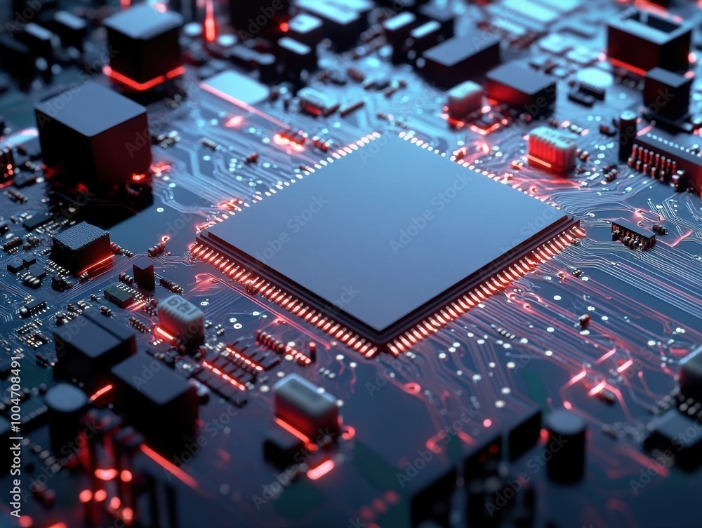 Obraz premium Intricate details of a modern computer motherboard circuitry.