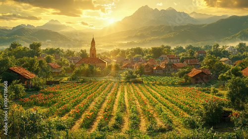 A picturesque rural village nestled in a valley with colorful farmlands, mountains, and a church tower photo