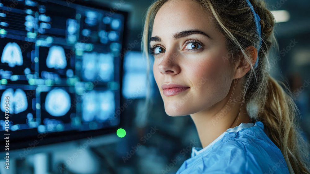 A female doctor analyzing brain scans on multiple monitors in a medical facility A female doctor analyzing brain scans on multiple monitors in a medical facility