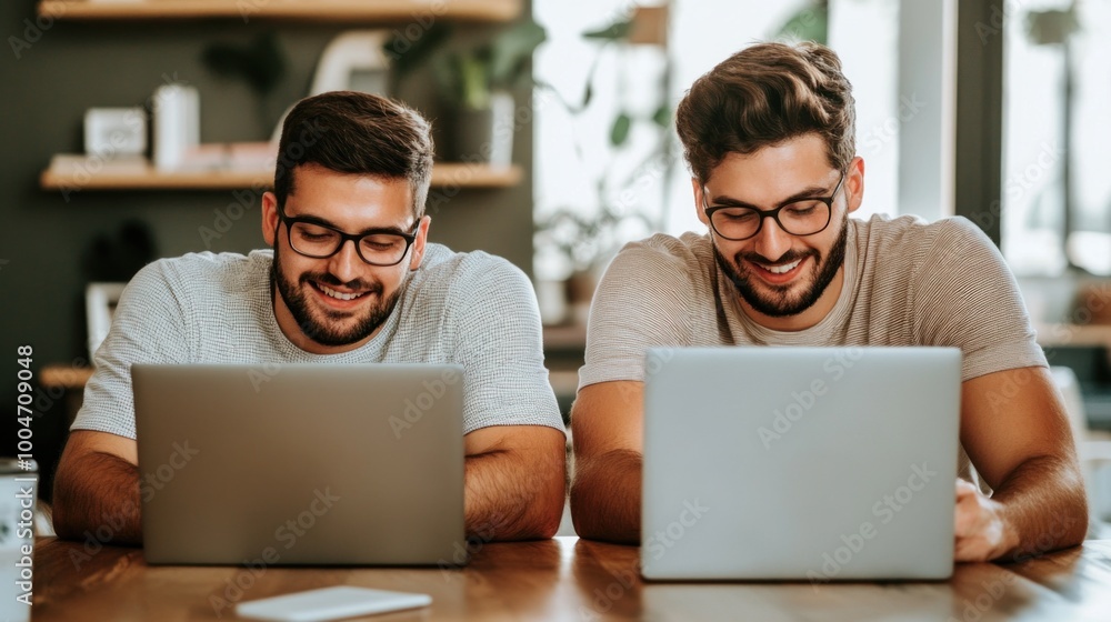 Two men sit side by side at a wooden table, focused on their laptops. They share a lighthearted moment, smiling as they collaborate in a contemporary workspace filled with plants Two men sit side by side at a wooden table, focused on their laptops. They share a lighthearted moment, smiling as they collaborate in a contemporary workspace filled with plants