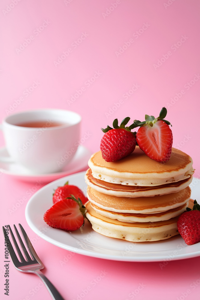 A plate of tasty pancakes served with a syrup, strawberries and a cup of tea on a pink background A plate of tasty pancakes served with a syrup, strawberries and a cup of tea on a pink background