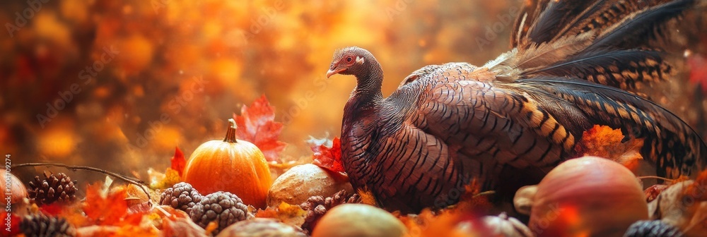 Obraz premium A beautiful turkey sits gracefully among colorful autumn leaves and pumpkins. This image captures the essence of fall in a vibrant and inviting style. Celebrate the harvest season. AI