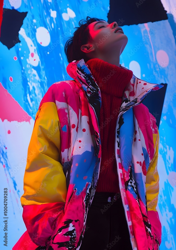 Fototapeta premium Vibrant fashion portrait in neon lighting