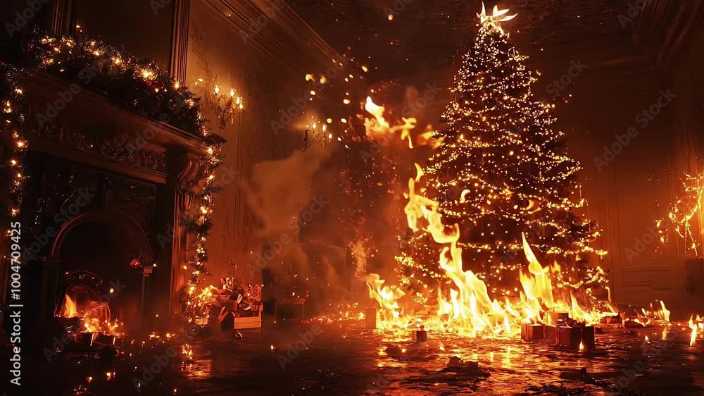 Seamless Looping Background of Burning Christmas Tree in Fireplace Room