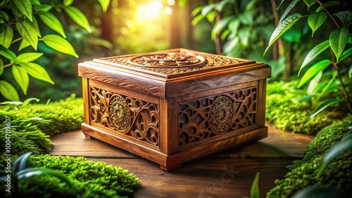 A delicate Asian-style intricately carved wooden box with a soft glow, surrounded by lush greenery, evoking a sense of nostalgic memory and gentle care. photo