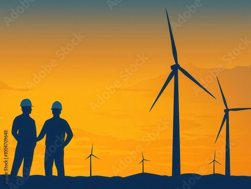 Engineer analyzing wind turbine vibration data, flat color vector, tech palette