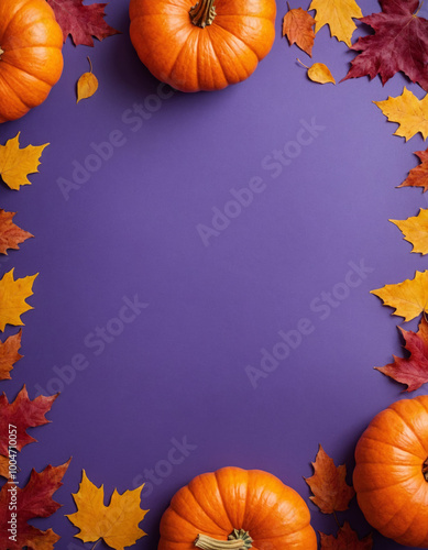 Orange pumpkins and autumn leaves on a flat purple background. Concept for Thanksgiving, Harvest Festival or Halloween celebrations. Autumn flat lay for banner with copy space for text. Top view.	
 photo