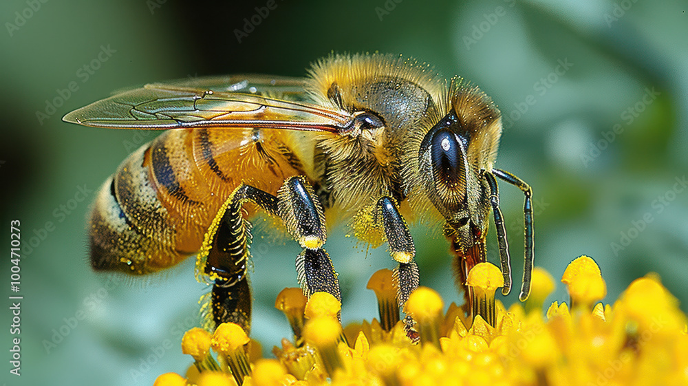 female bee Halictus sp pollinating and feeding on yellow yarrow flowers. female bee Halictus sp pollinating and feeding on yellow yarrow flowers.