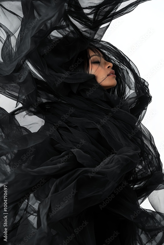 A woman wrapped in black chiffon fabric, creating a dreamlike, flowing effect that conveys elegance. A woman wrapped in black chiffon fabric, creating a dreamlike, flowing effect that conveys elegance.