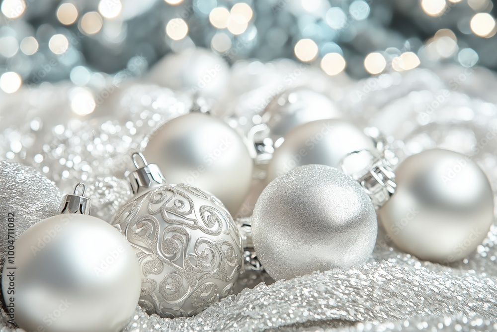 Shiny silver Christmas baubles resting on a glittery, textured surface with a soft bokeh background representing celebration. Shiny silver Christmas baubles resting on a glittery, textured surface with a soft bokeh background representing celebration.
