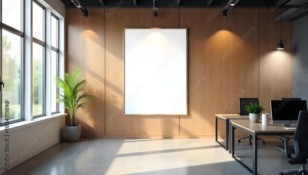 A contemporary office space with a large framed artwork on a wooden accent wall, spacious windows, and desks spread across the room A contemporary office space with a large framed artwork on a wooden accent wall, spacious windows, and desks spread across the room