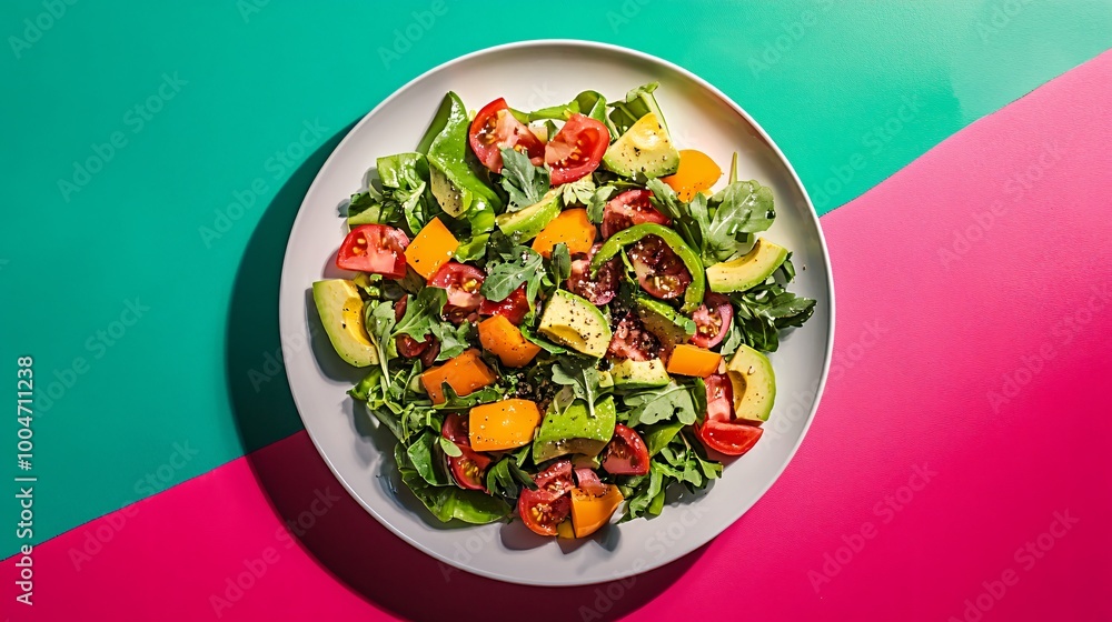 Bell pepper and avocado salad, displayed on a white plate with a contrasting deep emerald green and neon pink backdrop Bell pepper and avocado salad, displayed on a white plate with a contrasting deep emerald green and neon pink backdrop