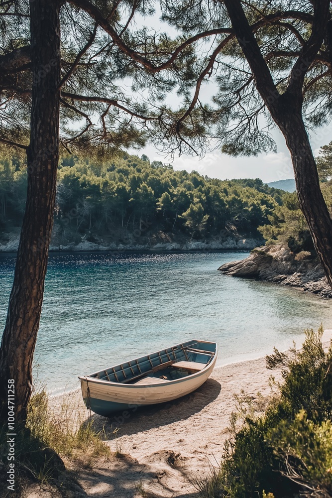 Fototapeta premium An empty rowboat sits peacefully on a beach, framed by trees and clear turquoise waters.