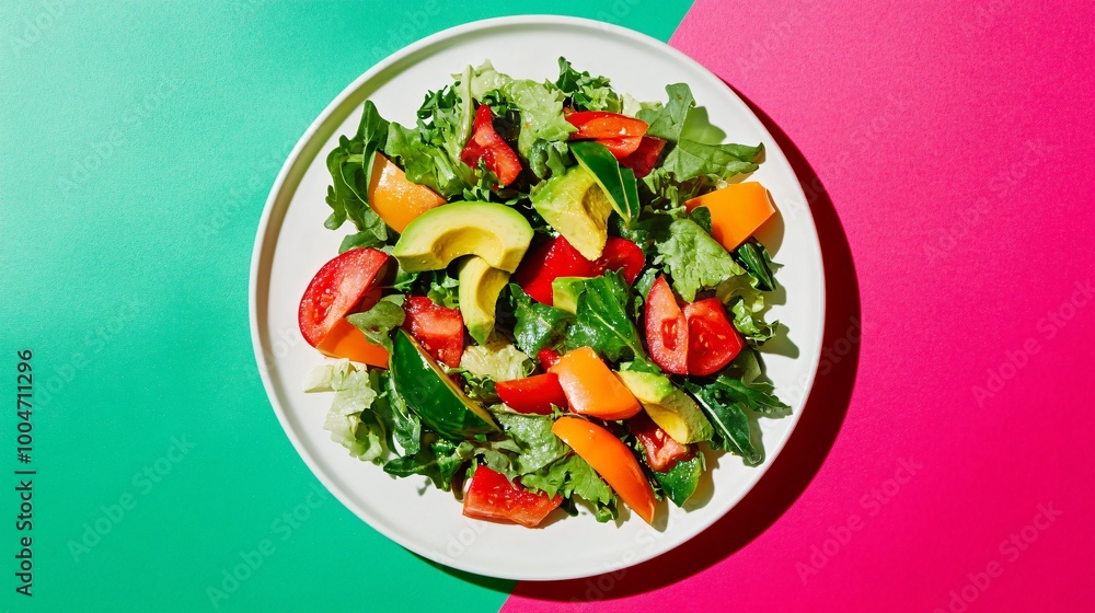 Bell pepper and avocado salad, displayed on a white plate with a contrasting deep emerald green and neon pink backdrop Bell pepper and avocado salad, displayed on a white plate with a contrasting deep emerald green and neon pink backdrop