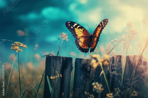 A colorful butterfly rests on a weathered wooden post amidst a flowering meadow at dusk. photo