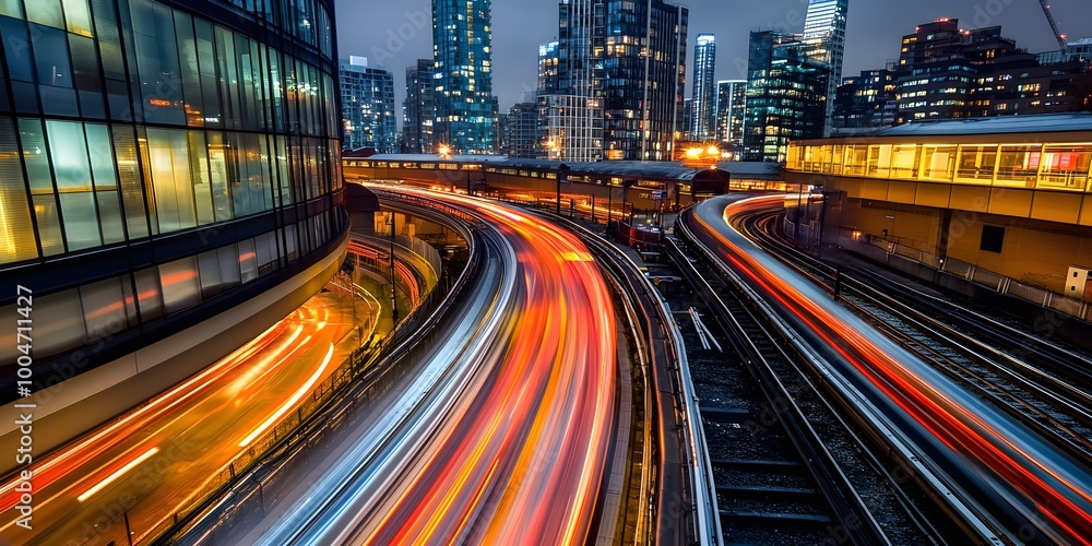 Vibrant city skyline with blurred motion trails of trains and traffic Vibrant city skyline with blurred motion trails of trains and traffic