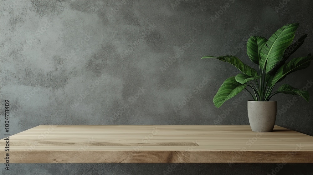 Empty wooden desk with green plant and concrete wall for modern spaces, enhanced by natural light for interior design projects Empty wooden desk with green plant and concrete wall for modern spaces, enhanced by natural light for interior design projects