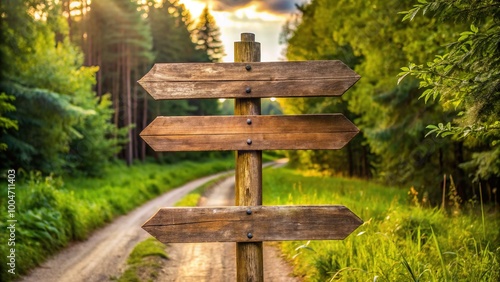 Rustic wooden signpost with worn arrows pointing to different directions stands alone on a deserted rural road surrounded by lush green wilderness atmosphere. photo