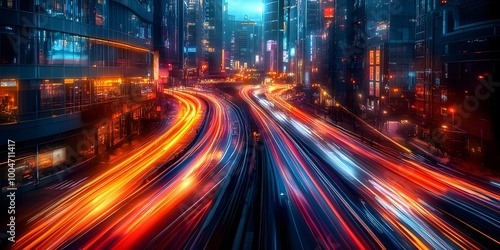 Vibrant city skyline with blurred motion lights