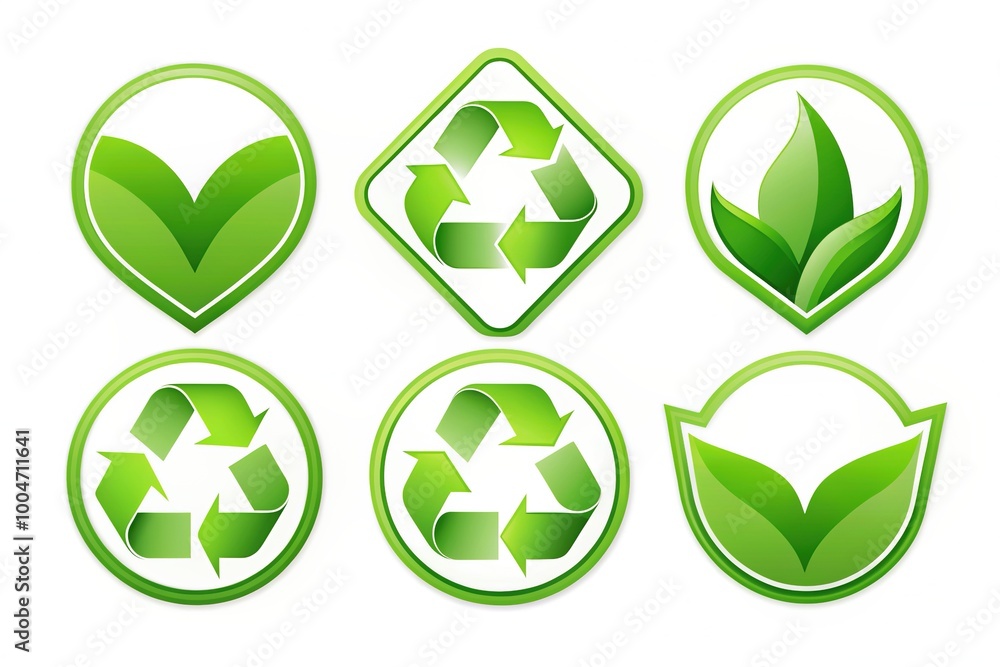 Obraz premium Stylish green recycling signs featuring curved arrows, heart, and leaf symbols, conveying eco-friendliness and sustainability, with rounded angles and vibrant vector illustration.
