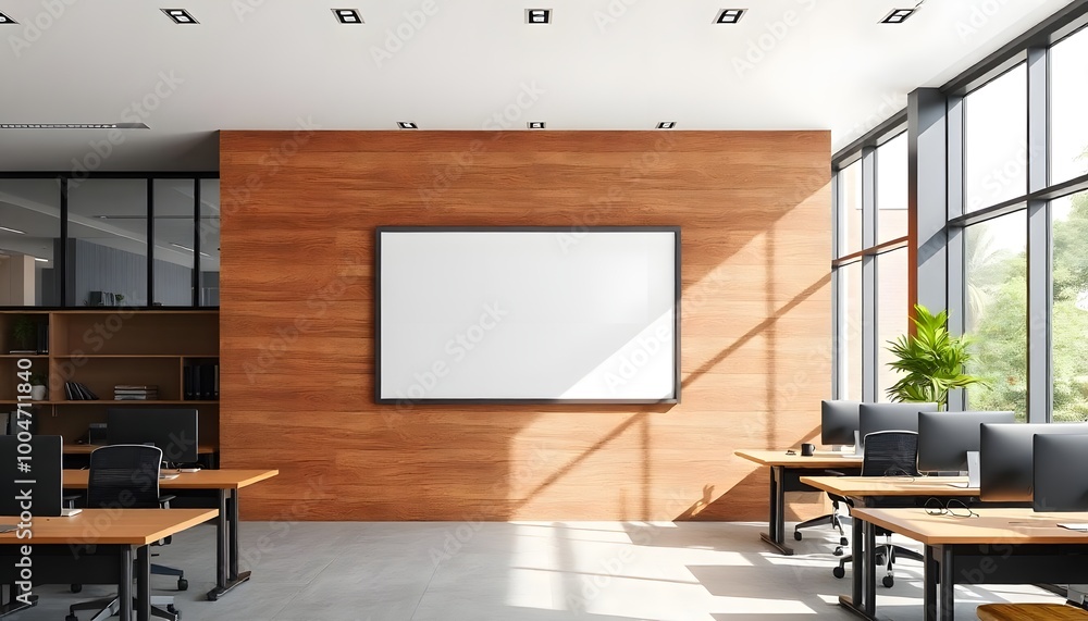 A contemporary office space with a large framed artwork on a wooden accent wall, spacious windows, and desks spread across the room A contemporary office space with a large framed artwork on a wooden accent wall, spacious windows, and desks spread across the room