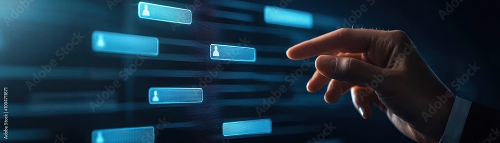 Hand interacting with digital interface, glowing buttons on dark background. Hand interacting with digital interface, glowing buttons on dark background.