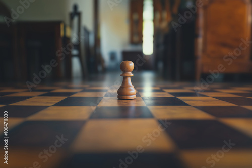 A solitary wooden pawn stands on a checkered board in a dim, atmospheric room setting. photo