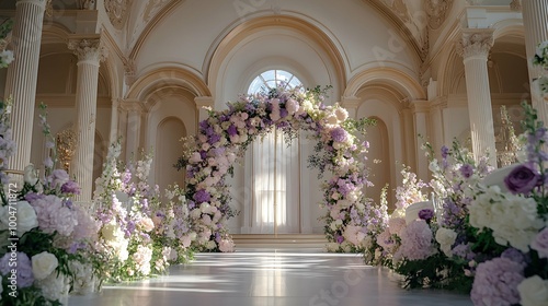 Elegant Wedding Arch Decorated with Cascading Flowers in a Grand Hall.