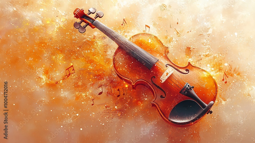 Fototapeta premium Violin on a golden background with musical notes.